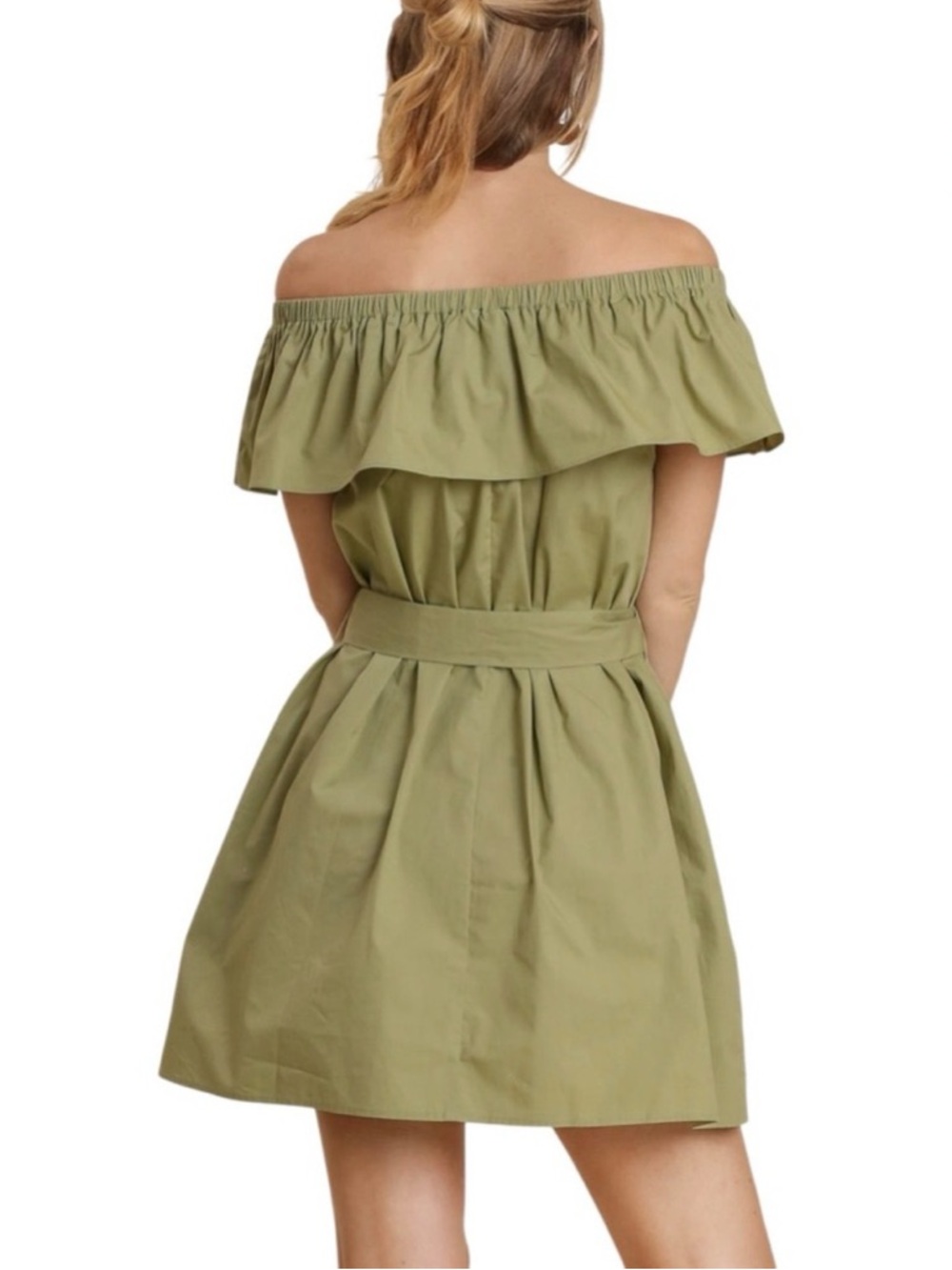 Olive Green Ruffle Off Shoulder with Self Sash Dress - Picture 5 of 8